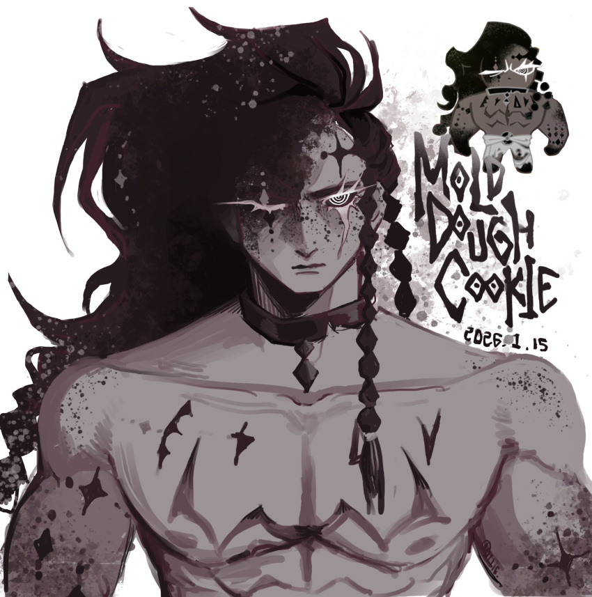 1boy, @_@, black_choker, black_eyes, black_hair, body_markings, character_name, choker