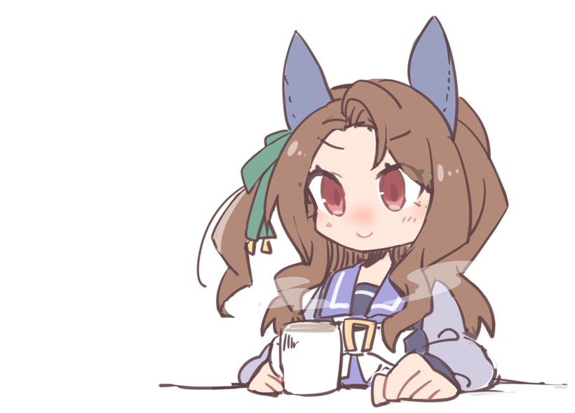 1girl, animal_ears, beer_hsk, bow, brown_hair, closed_mouth, cup, ear_bow