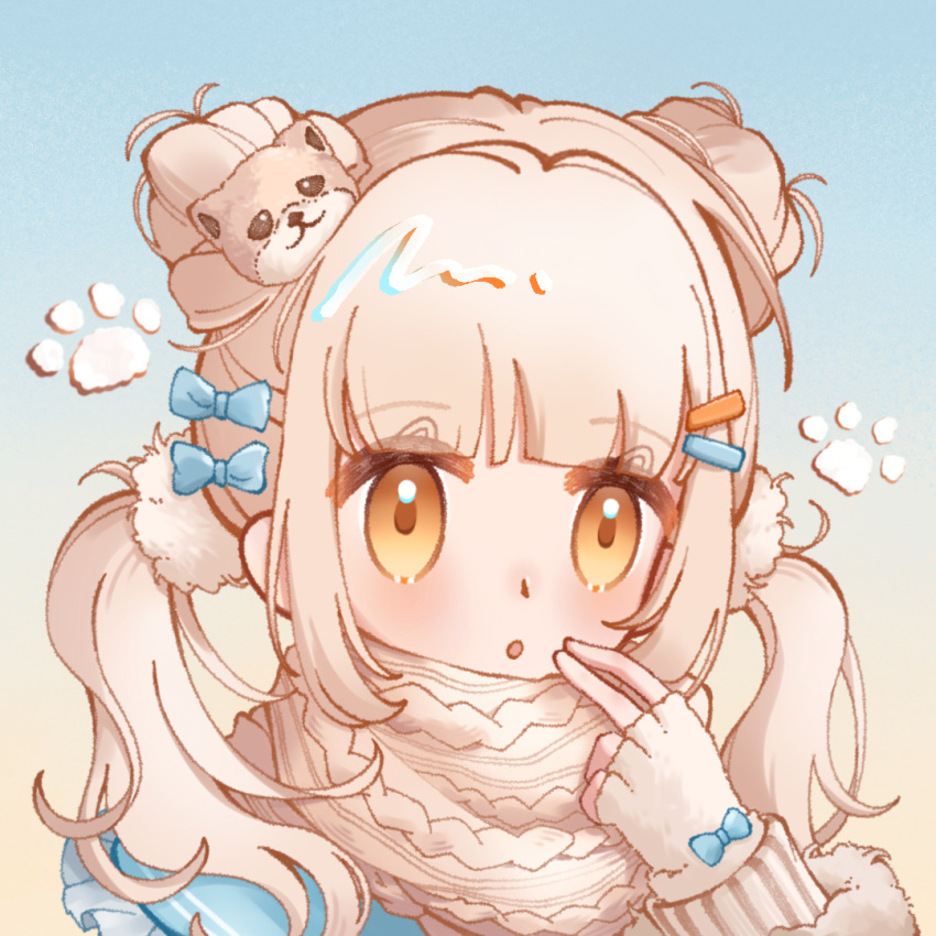 1girl, :o, adjusting_scarf, blonde_hair, blue_background, blue_bow, blue_sailor_collar, blunt_bangs, blush, bow, brown_eyes, chinese_commentary, commentary_request, dog_hair_ornament, dot_nose, double_bun, eyes_visible_through_hair, fingerless_gloves, frilled_sailor_collar, frills, fur-trimmed_sleeves, fur_trim, gloves, gradient_background, guardian_floof_(infinity_nikki), hair_bow, hair_bun, hair_ornament, hair_scrunchie, hairclip, heimaoyangchengzhibei, infinity_nikki, layered_sleeves, long_hair, long_sleeves, low_twintails, nikki_(series), open_mouth, parallel_hairclips, paw_print, sailor_collar, scarf, scrunchie, short_twintails, simple_background, solo, surprised, twintails, two-tone_background, upper_body, white_gloves, white_scarf, white_scrunchie, winter_clothes, wrist_bow, yellow_background
