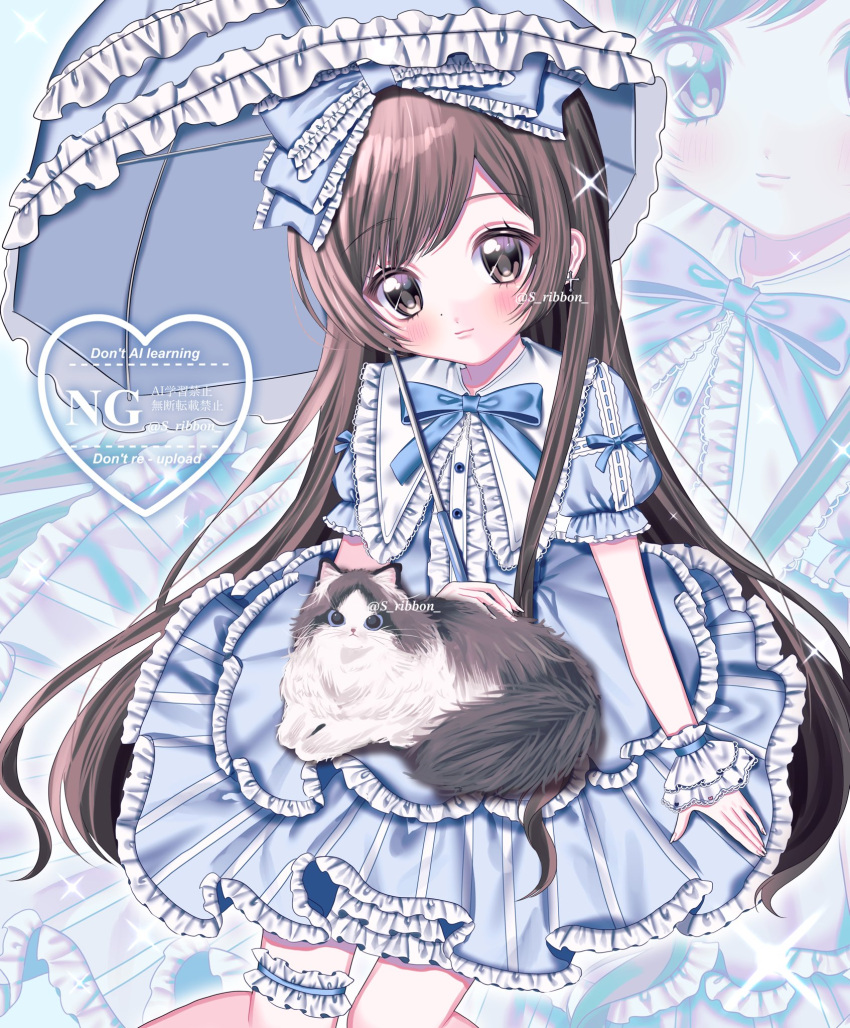 1girl, absurdly_long_hair, accurate_lolita_coord, animal, animal_on_lap, blue_dress, blue_eyes, blue_ribbon, blue_umbrella, blush, bow, brown_cat, brown_eyes, brown_hair, cat, classic_lolita, commentary, commission, dress, fluffy, frilled_dress, frilled_wrist_cuffs, frills, hair_bow, hashtag-only_commentary, heart, highres, lace-trimmed_bow, lace_trim, legwear_garter, lolita_fashion, long_hair, looking_at_viewer, on_lap, original, puffy_short_sleeves, puffy_sleeves, ragdoll_(cat), ribbon, short_sleeves, skeb_commission, solo, sweet_lolita, umbrella, very_long_hair, watermark, wrist_cuffs, yuni_(s_ribbon), zoom_layer
