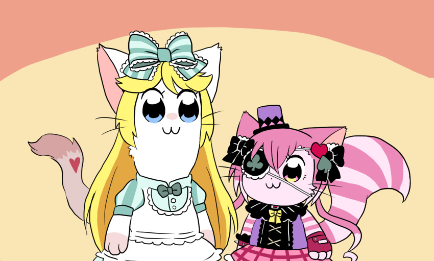 2girls, :3, accurate_lolita_coord, alice_(cat_busters), animal_ears, black_bow, blonde_hair, blue_eyes