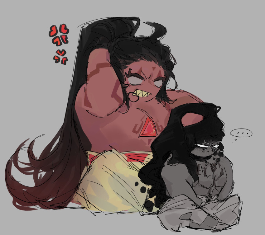 ..., 2boys, anger_vein, black_choker, black_hair, body_markings, burning_spice_cookie, choker