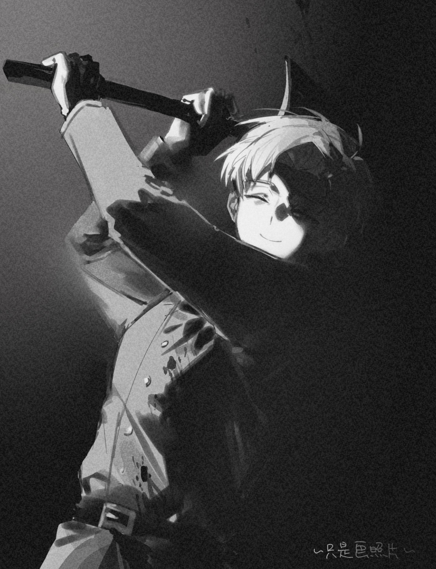 1boy, absurdres, axe, belt, buttons, chi.:_chikyuu_no_undou_ni_tsuite, closed_eyes, closed_mouth, commentary_request, facing_viewer, false_smile, greyscale, highres, holding, holding_axe, jacket, kxdgpnqgoe44409, male_focus, monochrome, rafal_(chi.), short_hair, smile, solo, translation_request, two-handed