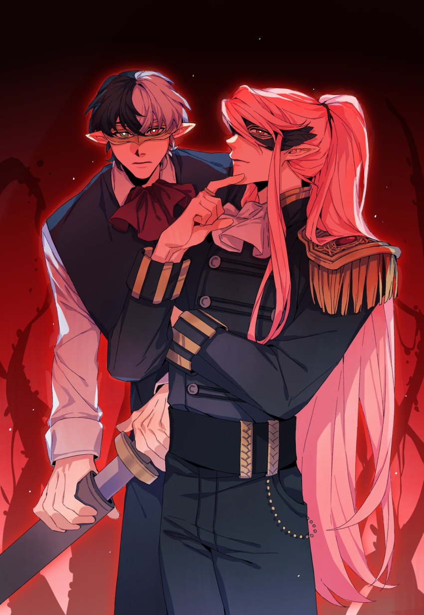 2boys, absurdly_long_hair, androgynous, animification, ascot, bishounen, black_hair, black_pants