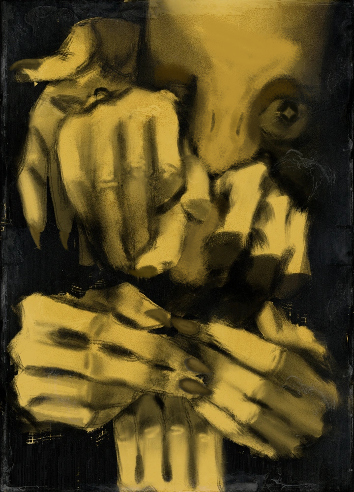 abstract, abstract_background, disco_elysium, fang, fang_(goodbye_volcano_high), goodbye_volcano_high, hand-eye_coordination_(disco_elysium), hand/eye, non-web_source, original, portrait, solo
