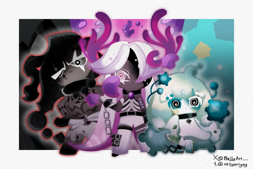 1boy, 1girl, 1other, @_@, ambiguous_gender, black_choker, black_eyes, black_hair