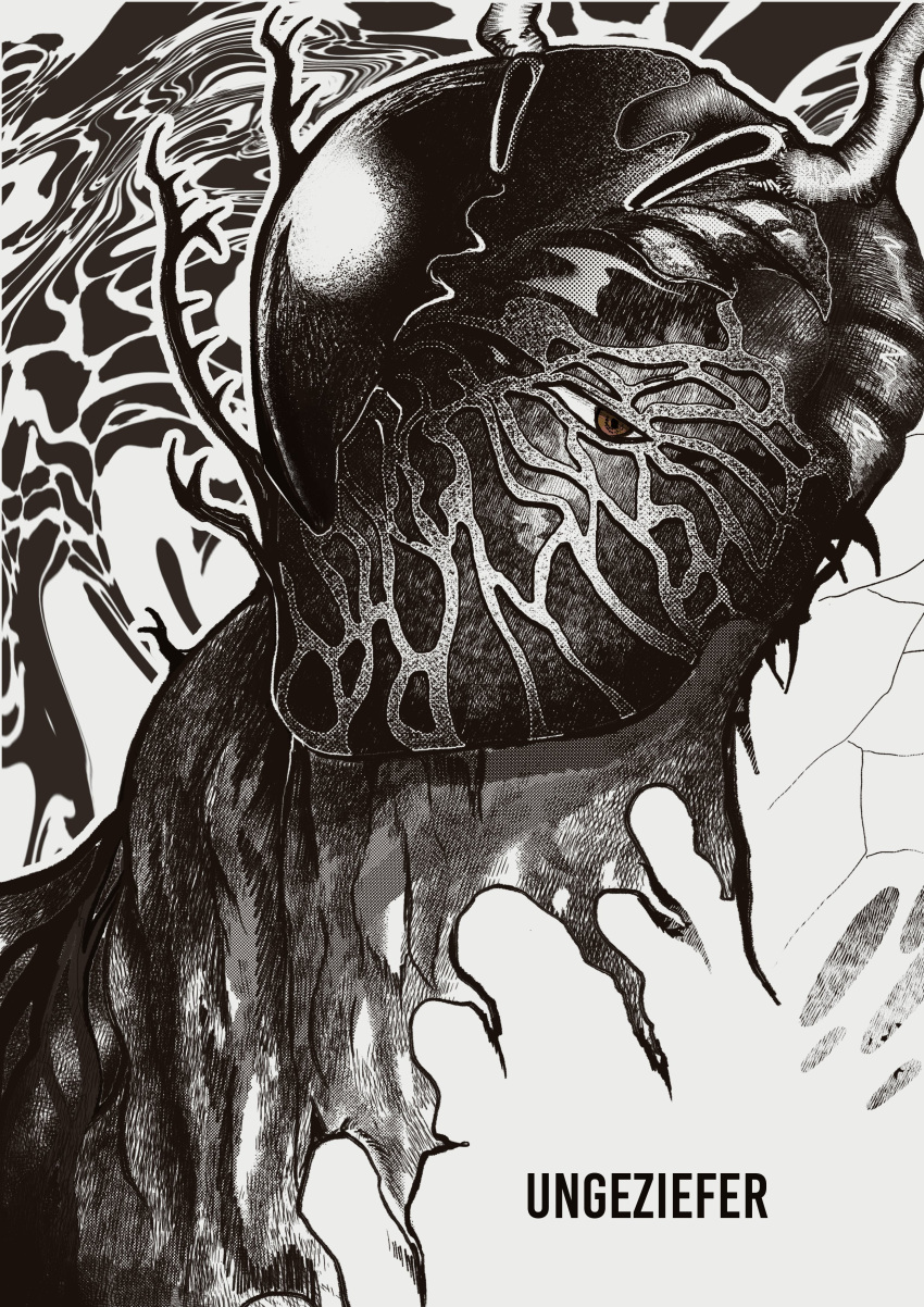 1boy, absurdres, antennae, compound_eyes, gregor_(project_moon), highres, horns, limbus_company, monochrome, mutation, project_moon, solo, spoilers, spot_color, the_roach_emperor, xclkx