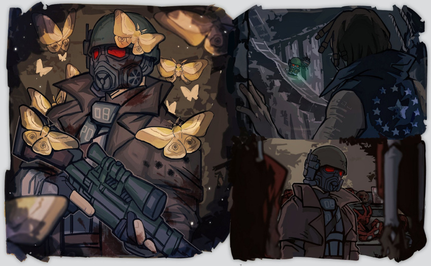 1boy, 1other, black_gloves, blood, blood_on_clothes, border, brown_coat, brown_hair