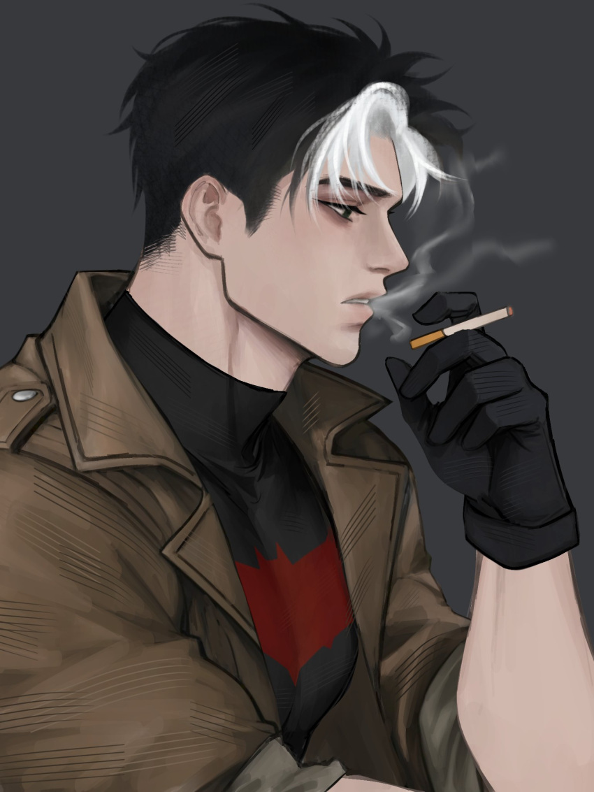 1boy, bat_signal, batman_(series), batman_symbol, black_bodysuit, black_gloves, black_hair, blue_eyes, bodysuit, brown_jacket, dc_comics, gloves, grey_bodysuit, hashtag-only_commentary, highres, jacket, jason_todd, male_focus, multicolored_bodysuit, muscular, muscular_male, open_clothes, red_hood_(dc), red_hood_and_the_outlaws, short_hair, sieudeptrai08, superhero_costume, taut_bodysuit, two-tone_bodysuit