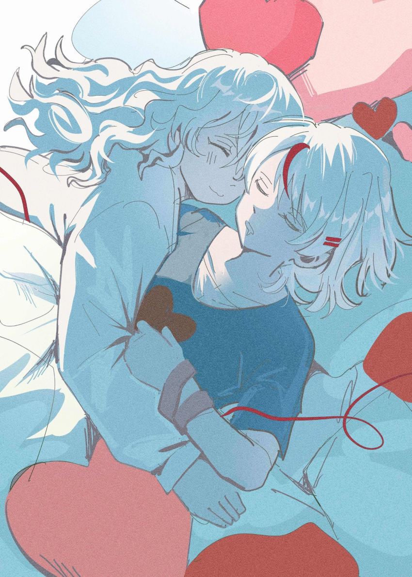 2girls, :3, absurdres, bed_sheet, blue_shirt, blush, clenched_hand, closed_eyes
