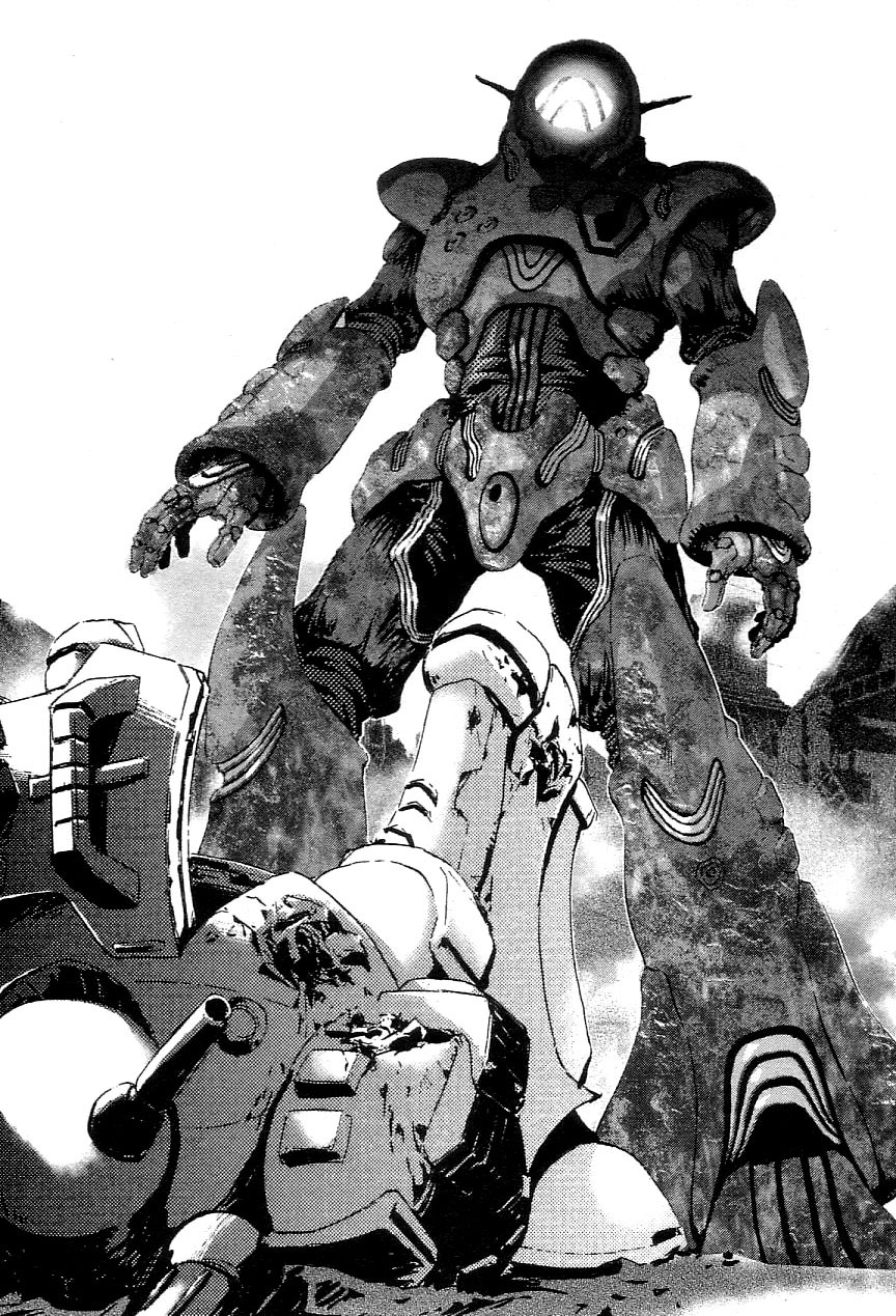 alien, armor, city, cockpit, damaged, esbeliben, giant, helmet, highres, macross, macross:_the_first, manga, mecha, mikimoto_haruhiko, military, military_uniform, regult, ruins, spacesuit, uniform, walker, zentradi