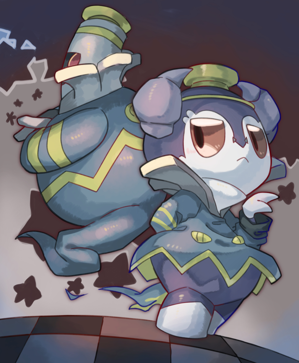 73sitimi, brown_eyes, checkered_floor, closed_mouth, commentary_request, cosplay, dusknoir, dusknoir_(cosplay)