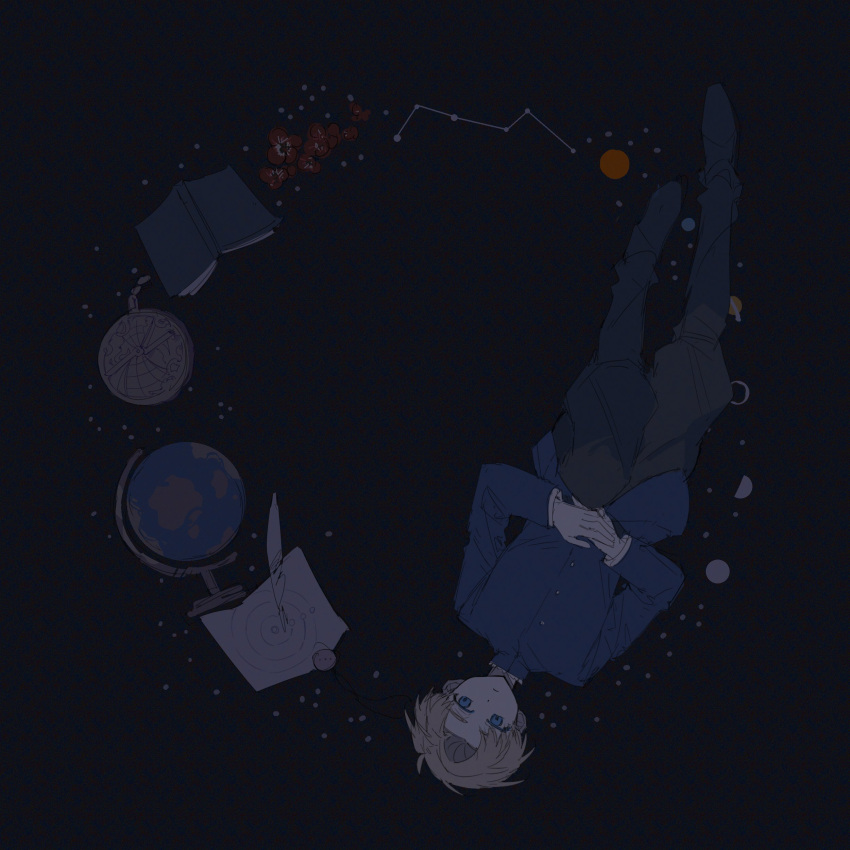 1boy, absurdres, black_background, black_pants, blonde_hair, blue_eyes, blue_jacket, book