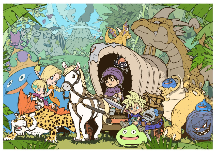 2boys, 2girls, animal, arm_up, armlet, azito7, belt, bianca_(dq5), black_hair, blonde_hair, blue_cape, blue_eyes, blue_sky, blush, boots, borongo, bow, bracelet, braid, brother_and_sister, buorn, cape, carriage, cloak, dracky, dragon_quest, dragon_quest_v, dress, family, father_and_daughter, father_and_son, food, fruit, full_body, grass, great_dragon, great_sabrecat, green_bow, green_dress, hair_bow, hand_on_another's_shoulder, healslime, hero's_daughter_(dq5), hero's_son_(dq5), hero_(dq5), highres, holding, holding_food, holding_fruit, holding_reins, holding_sword, holding_weapon, horse, husband_and_wife, imp_(dragon_quest), jewelry, king_slime_(dragon_quest), liquid_metal_slime_(dq), long_hair, looking_at_another, low_ponytail, minidemon, mother_and_daughter, mother_and_son, multiple_boys, multiple_girls, nature, neck_ribbon, open_mouth, orange_cape, outdoors, pear, pink_cape, ponytail, purple_cape, purple_cloak, purple_turban, reins, ribbon, riding, riding_animal, rockbomb, short_hair, siblings, single_braid, sitting, sky, slime_(dragon_quest), slime_knight, small_fry_(dragon_quest), spiky_hair, sword, tree, tunic, twins, volcano, weapon, white_dress, white_tunic