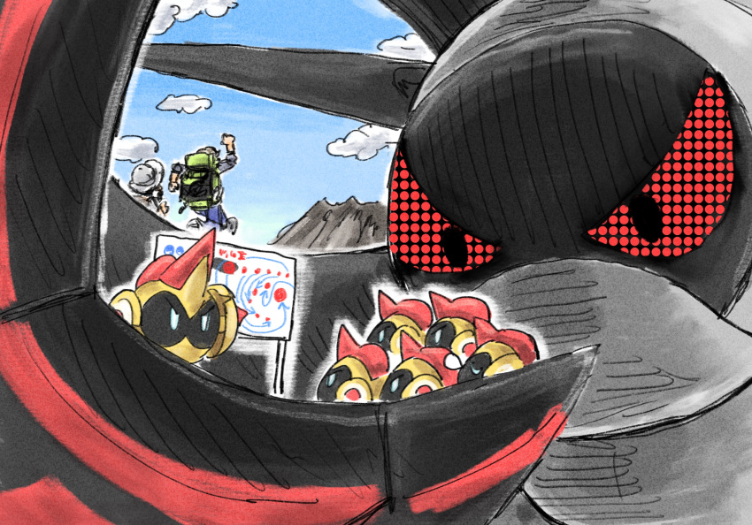 1boy, 1girl, arven_(pokemon), backpack, bag, blue_sky, clouds, commentary_request, day, falinks, green_bag, hat, highres, iron_treads, juliana_(pokemon), kicdon, meeting, non-humanoid_robot, outdoors, outline, pixel_eyes, pokemon, pokemon_(creature), pokemon_focus, pokemon_sv, robot, sky, titan_pokemon, v-shaped_eyes, white_hat, white_outline, whiteboard