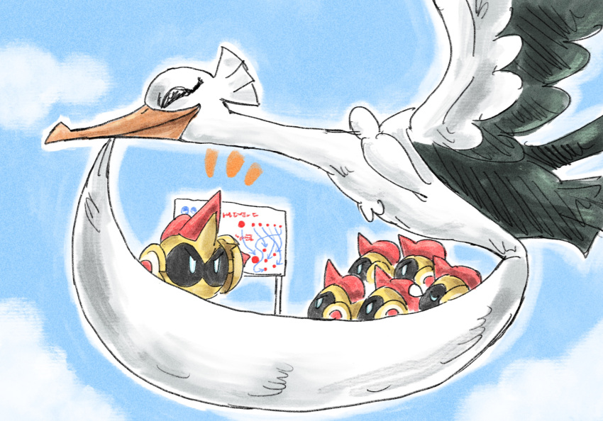 bird, blue_sky, bombirdier, closed_mouth, clouds, commentary_request, day, falinks