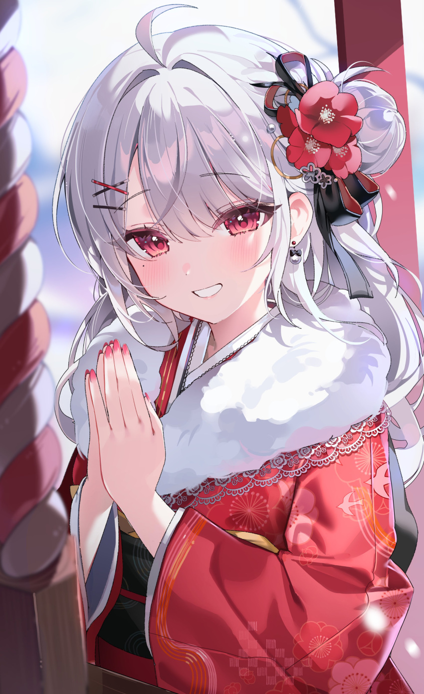 1girl, absurdres, ahoge, blush, commentary_request, fingernails, flower, fur_scarf