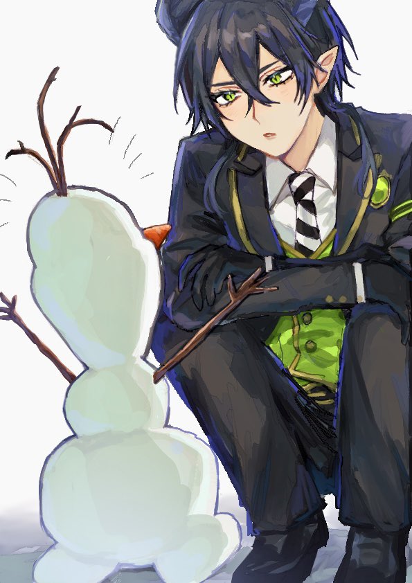 2boys, :o, arm_ribbon, arms_up, belt_buckle, black_gloves, black_hair, black_horns, black_jacket, black_pants, black_shoes, blazer, buckle, carrot, collared_shirt, commentary, crossed_bangs, crossover, diagonal-striped_clothes, diagonal-striped_necktie, disney, elbows_on_knees, eyelashes, from_behind, frozen_(disney), full_body, gloves, gold_trim, green_eyes, green_ribbon, green_vest, hair_between_eyes, height_difference, horns, jacket, keebu07, light_blush, long_sleeves, looking_at_another, magic_pen_(twisted_wonderland), male_focus, malleus_draconia, medium_hair, multiple_boys, necktie, night_raven_college_school_uniform, notice_lines, olaf_(frozen), open_clothes, open_jacket, outstretched_arms, pants, parted_lips, pointy_ears, ribbon, school_uniform, shadow, shirt, shoes, slit_pupils, snowman, squatting, striped_clothes, striped_ribbon, twig, twisted_wonderland, vest, waistcoat, white_background, white_shirt