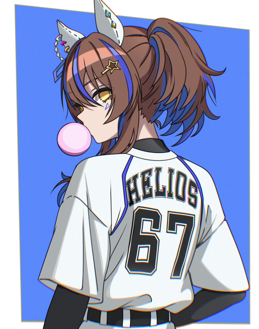 67_(meme), absurdres, animal_ears, baseball_uniform, belt, blue_background, border, brown_hair