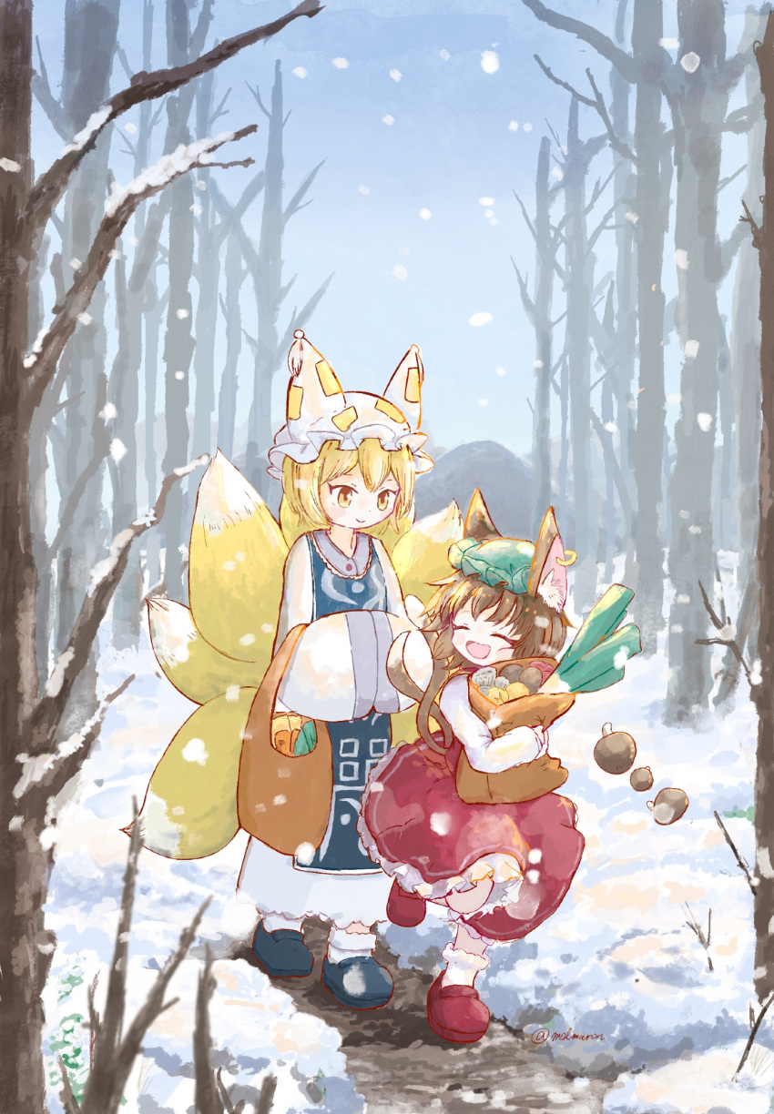2girls, ^_^, animal_ear_fluff, animal_ears, bag, bare_tree, blonde_hair, blue_shoes