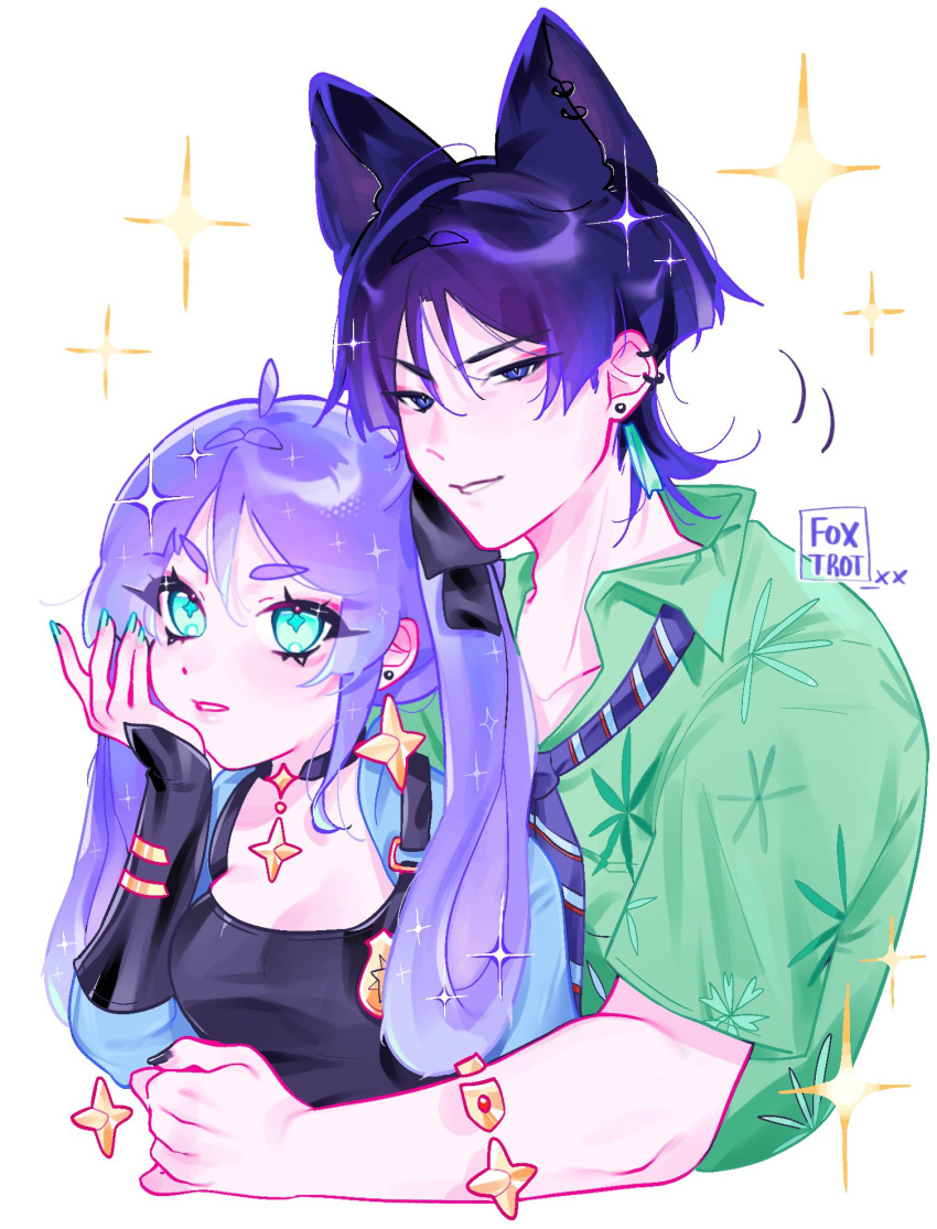 1boy, 1girl, ahoge, alternate_costume, arm_around_waist, artist_name, black_bow, black_choker