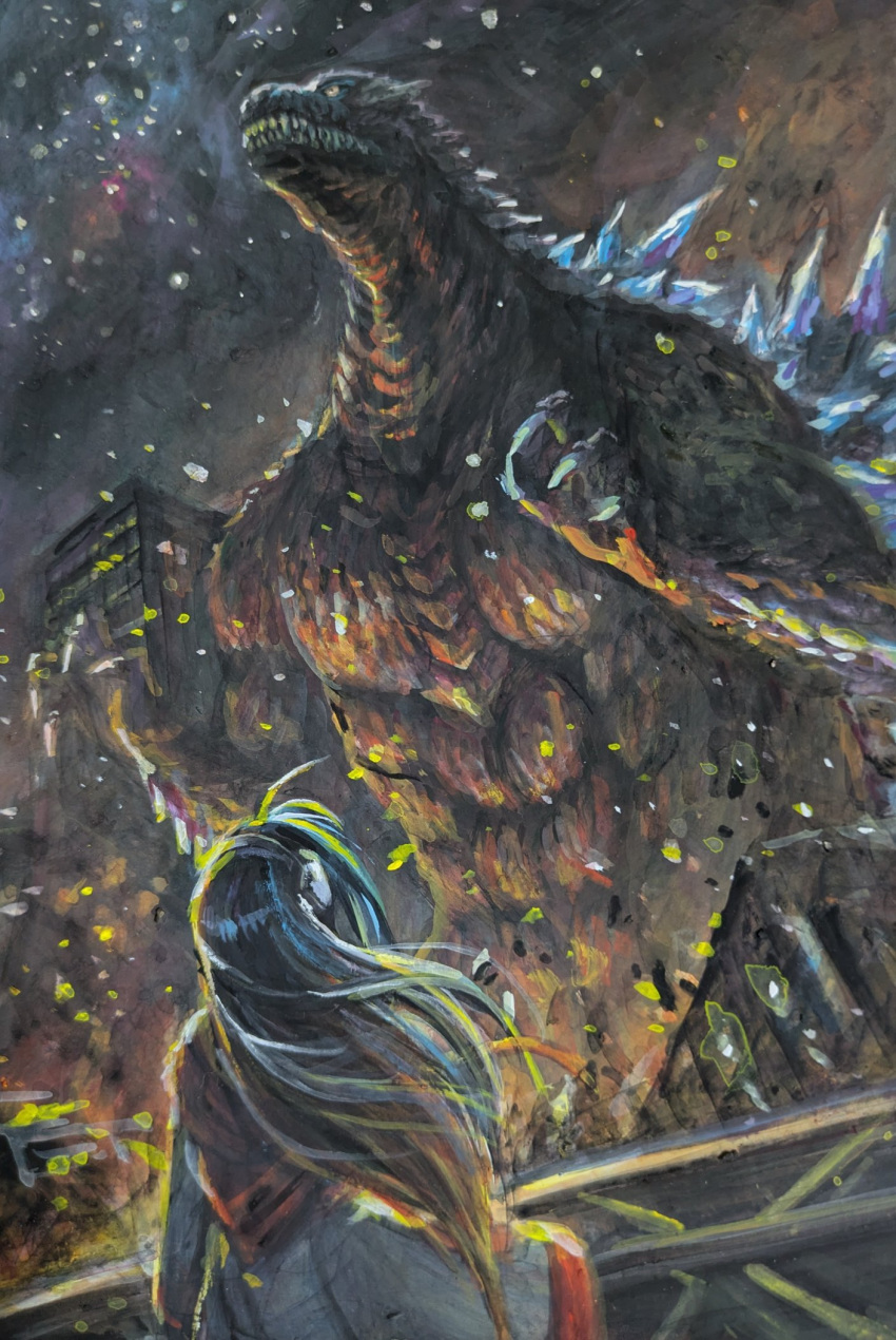 1girl, ahoge, black_hair, blue_hair, elbow_spikes, g.n.a, giant, giant_monster