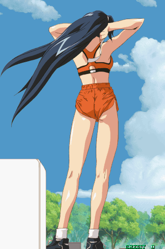 animated_gif, arms_up, asahina_natsuki, ass, back, character_request, gif, hairband, long_hair, long_legs, short_shorts, shorts, sports_bra, standing, super_real_mahjong, tanaka_ryou