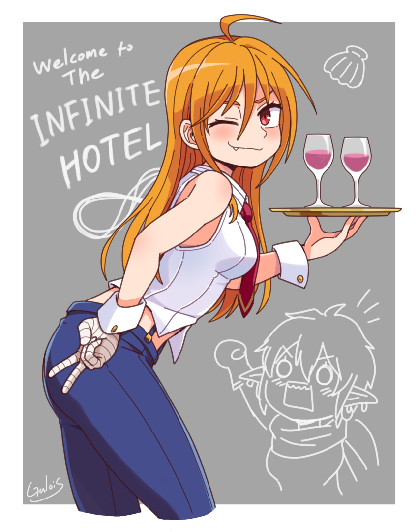 2girls, ahoge, bandaged_hand, bandages, blue_pants, breasts, chibi, chibi_inset