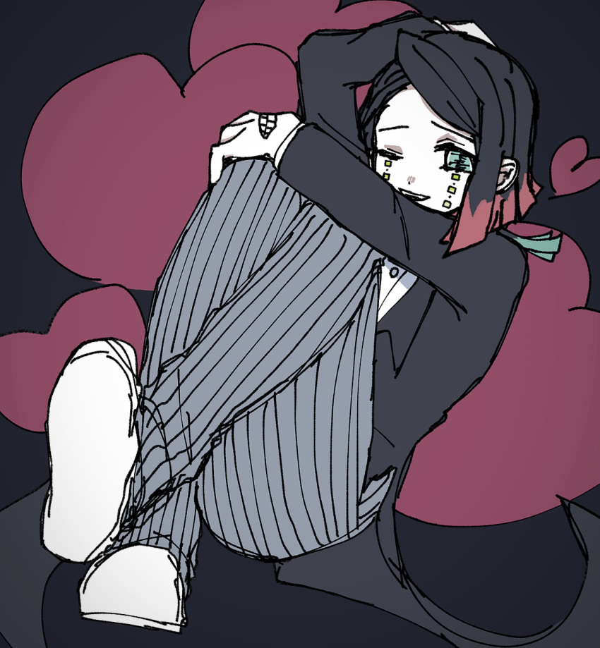 1boy, absurdres, aqua_eyes, asymmetrical_bangs, black_background, black_hair, black_jacket, buttons, coattails, colored_tips, commentary_request, demon_boy, enmu_(kimetsu_no_yaiba), facial_mark, full_body, grey_pants, grin, hand_on_own_head, hand_on_own_knee, heart, heart_background, highres, invisible_floor, jacket, kimetsu_no_yaiba, long_sleeves, looking_at_viewer, male_focus, medium_hair, misplaced_mouth, multicolored_hair, naka_(6tc3y), one_eye_closed, open_mouth, pants, pinstripe_pants, pinstripe_pattern, shoe_soles, shoes, sitting, smile, solo, suit_jacket, symbol-shaped_pupils, tailcoat, tears_facial_mark, teeth, trap, undershirt, upper_teeth_only, white_shoes