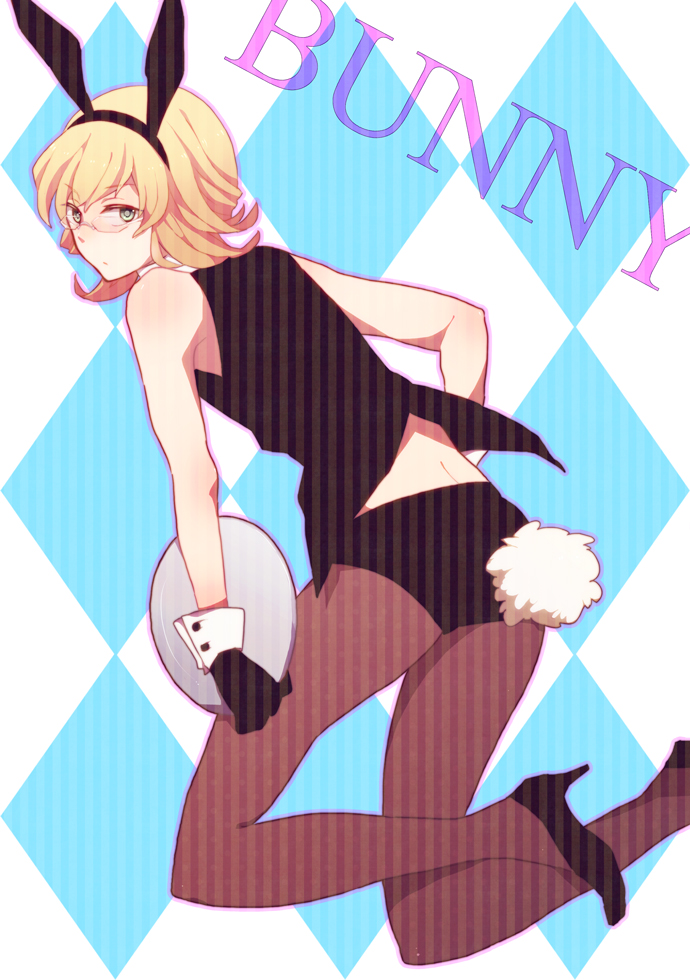 animal_ears, argyle, argyle_background, bad_id, bare_shoulders, barnaby_brooks_jr, black_gloves, blonde_hair