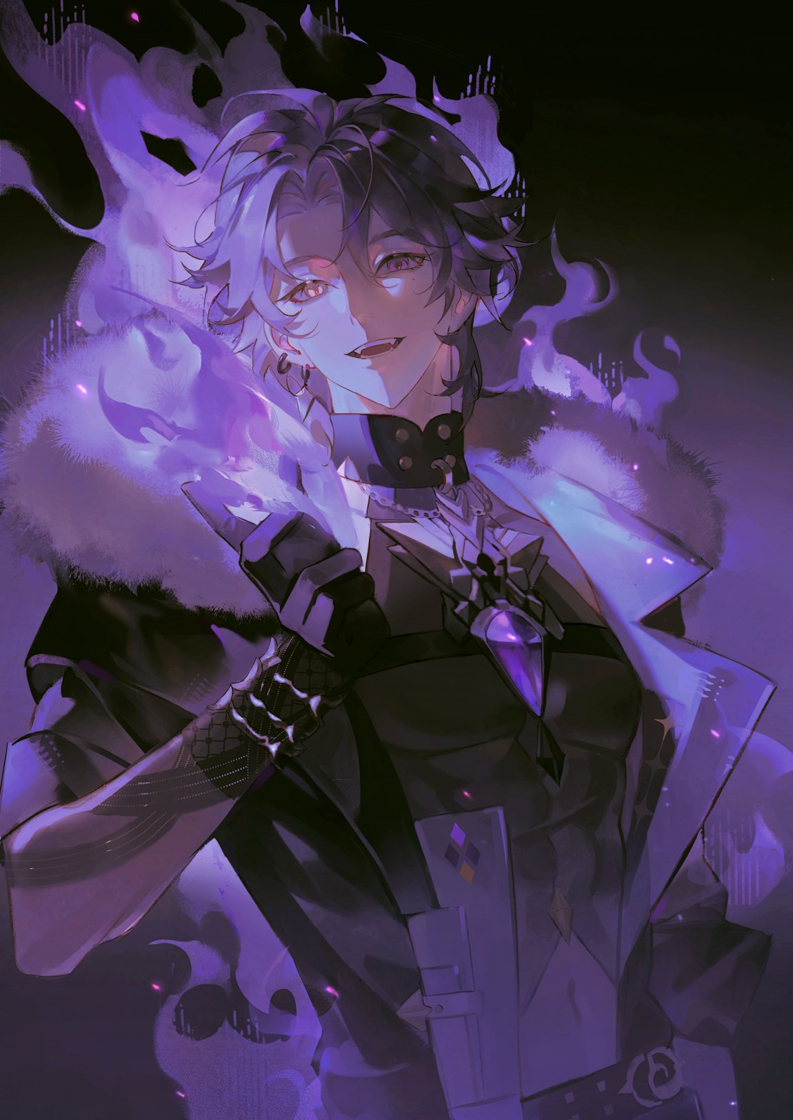 1boy, black_gloves, brown_hair, candyhaha233, chest_harness, chinese_commentary, eiden_(nu_carnival), fire