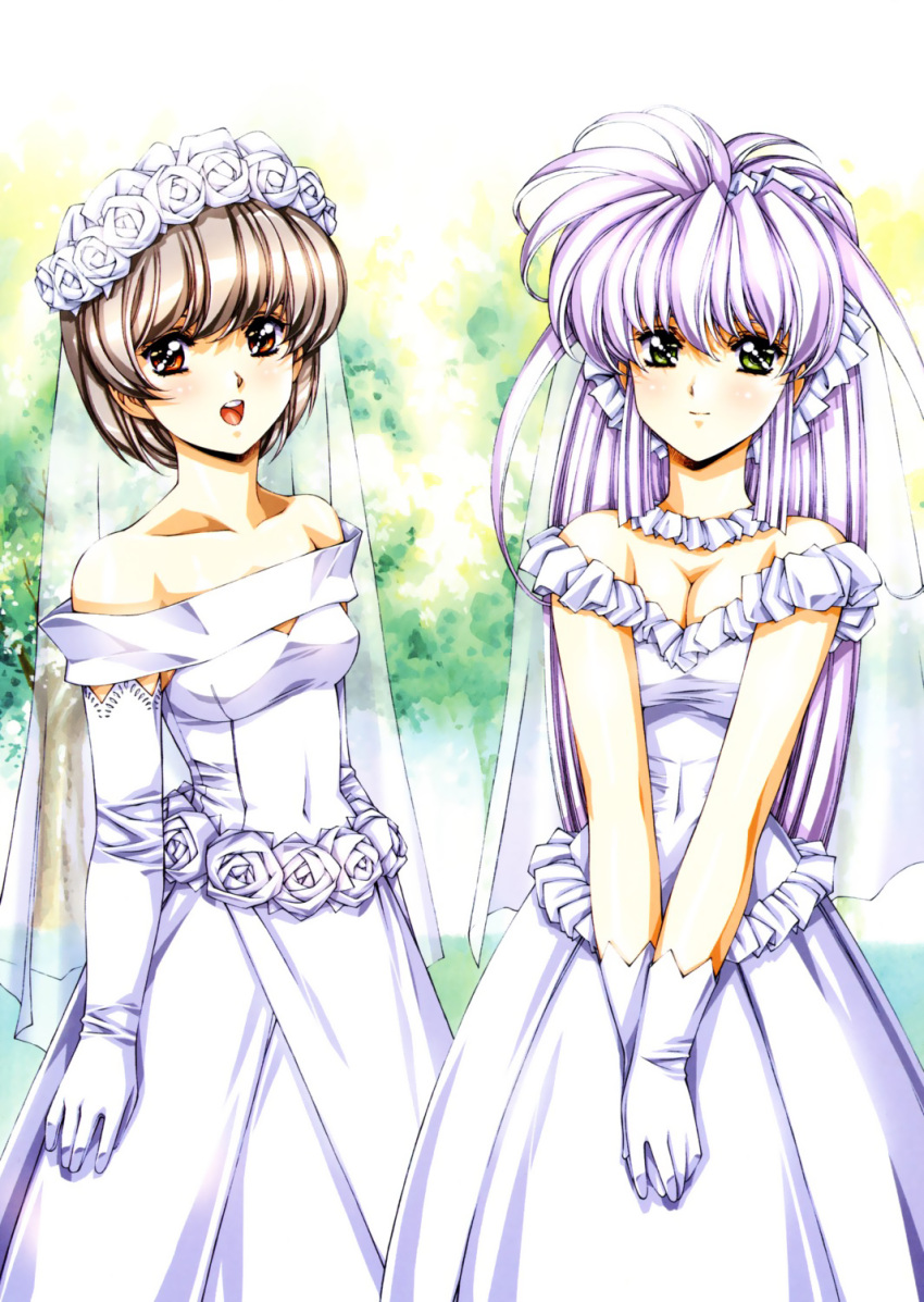 blush, breasts, bride, brown_hair, cleavage, d-ln, d-tp, dress, elbow_gloves, gloves, green_eyes, growlanser, growlanser_iv, highres, long_hair, multiple_girls, open_mouth, pink_hair, purple_hair, red_eyes, short_hair, urushihara_satoshi, wedding_dress, white, white_background
