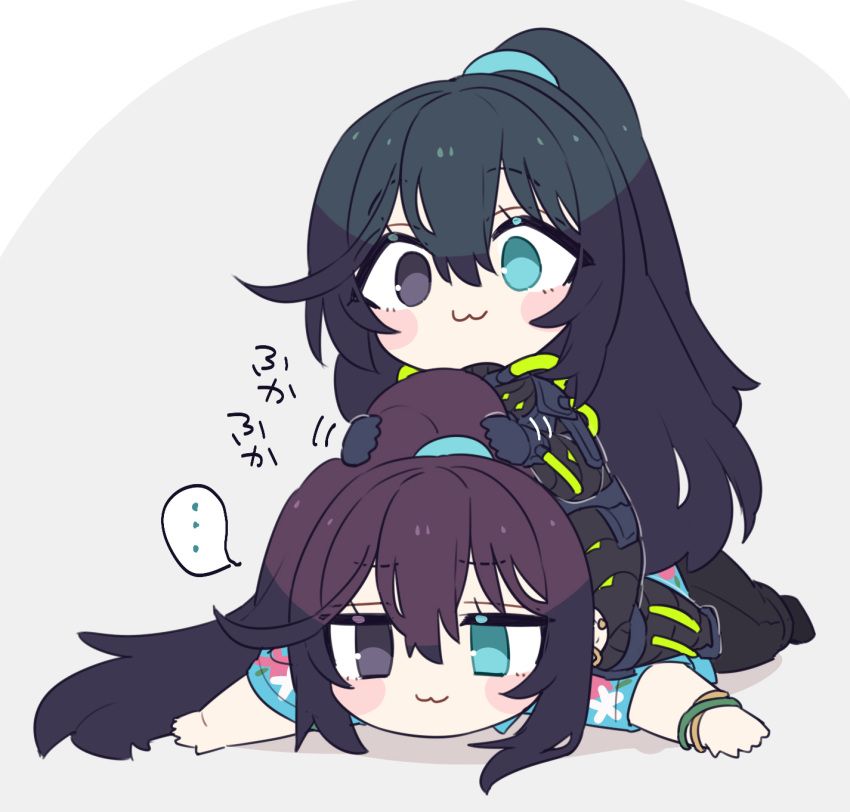 2boys, :3, aqua_eyes, armor, black_armor, black_eyes, black_hair, blue_shirt