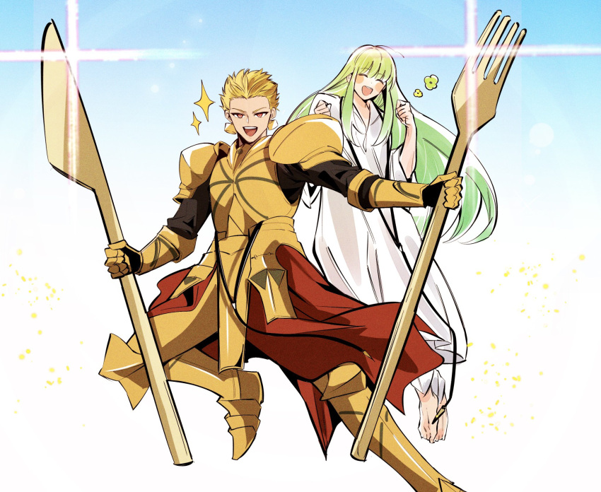 1boy, 1other, androgynous, armor, blonde_hair, commentary_request, enkidu_(fate), fate/strange_fake
