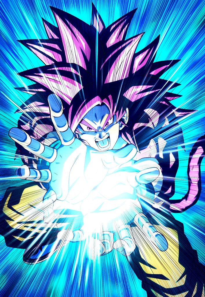 1boy, blue_background, clenched_hands, dragon_ball, dragon_ball_daima, foot_out_of_frame, long_hair, looking_at_viewer