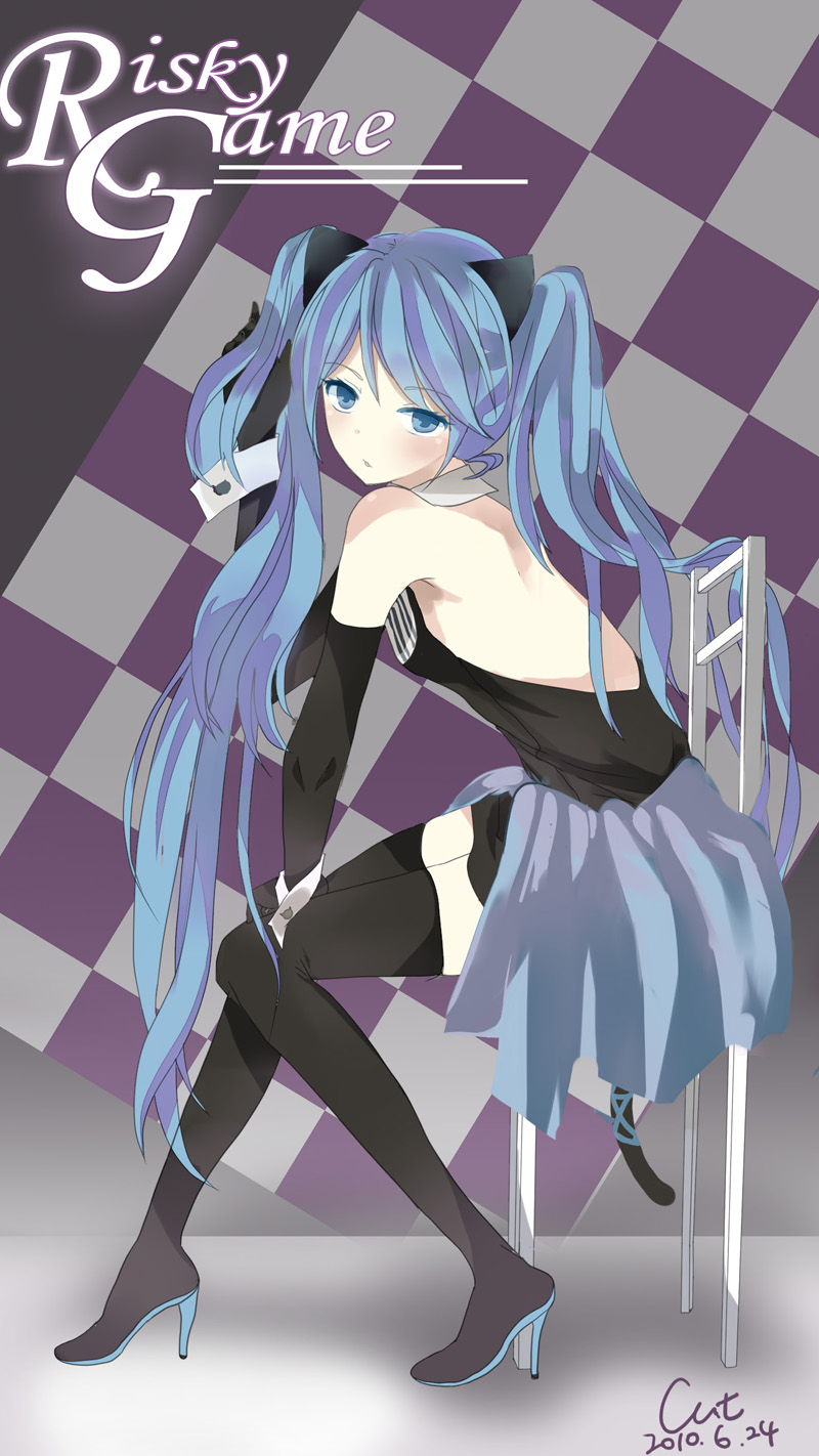 animal_ears, blue_eyes, blue_hair, boots, cat_ears, cat_tail, chair, checkered, checkered_background, cut_(123), elbow_gloves, full_body, gloves, hatsune_miku, high_heel_boots, high_heels, highres, kemonomimi_mode, long_hair, risky_game_(vocaloid), shoes, sitting, solo, tail, thigh-highs, thigh_boots, thighhighs, twintails, very_long_hair, vocaloid, wrist_cuffs