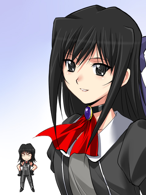 1boy, 1girl, armband, black_armband, black_bodysuit, black_choker, black_eyes, black_gloves, black_hair, black_jacket, blue_background, blue_bow, bodysuit, bow, brother_and_sister, chibi, choker, chronica_(quiz_magic_academy), commentary_request, gloves, gradient_background, grey_shirt, hair_bow, jacket, judy_totoya, juliet_sleeves, laila_(quiz_magic_academy), long_hair, long_sleeves, medium_hair, open_clothes, open_jacket, puffy_sleeves, quiz_magic_academy, red_scarf, scarf, shirt, siblings, sleeveless, sleeveless_bodysuit, upper_body