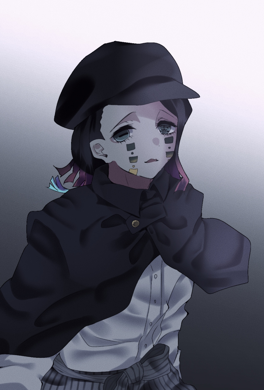 1boy, aegyo_sal, aqua_eyes, arms_at_sides, asymmetrical_bangs, black_capelet, black_hat, buttons, capelet, colored_tips, commentary_request, cowboy_shot, demon_boy, enmu_(kimetsu_no_yaiba), facial_mark, gradient_background, grey_background, grey_pants, hakama, hakama_pants, hat, headwear_request, highres, hinshi_(mumunu_enm), japanese_clothes, kimetsu_no_yaiba, looking_at_viewer, male_focus, medium_hair, multicolored_hair, open_mouth, pants, pinstripe_pants, pinstripe_pattern, shirt, solo, symbol-shaped_pupils, taishou, tareme, tears_facial_mark, trap, white_shirt, wing_collar