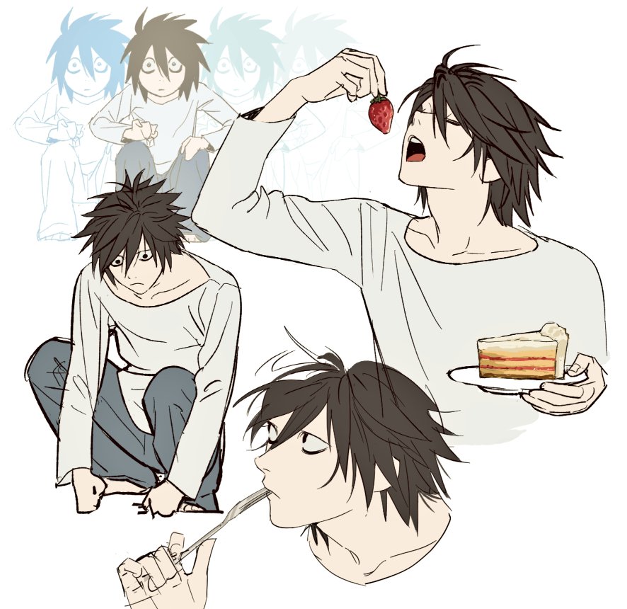 1boy, bags_under_eyes, barefoot, black_hair, blue_pants, cake, closed_eyes, commentary_request