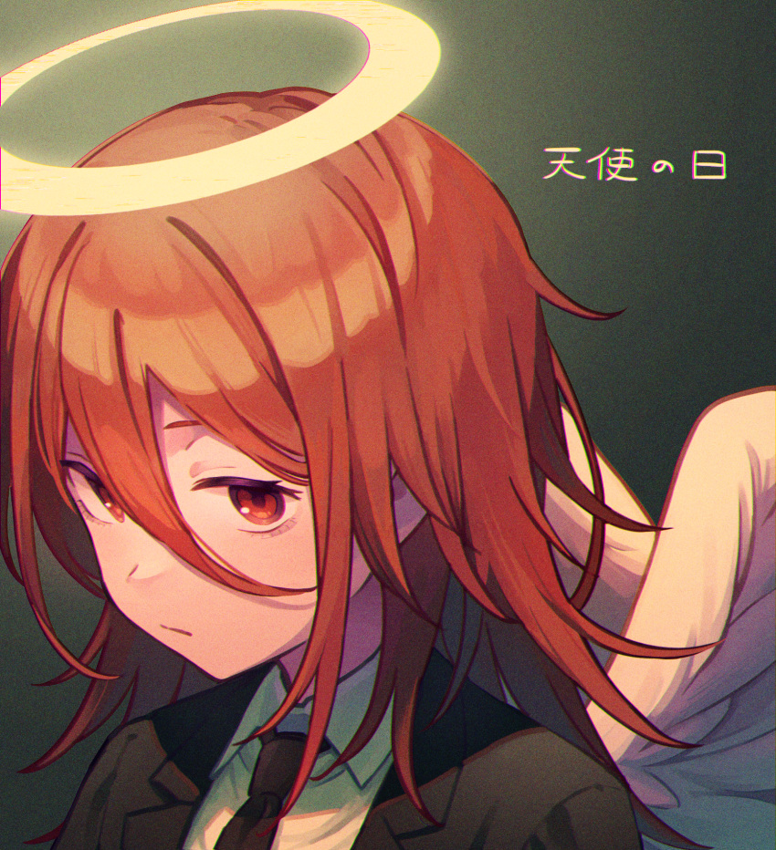 1boy, androgynous, angel, angel_devil_(chainsaw_man), angel_wings, black_jacket, black_necktie, black_suit