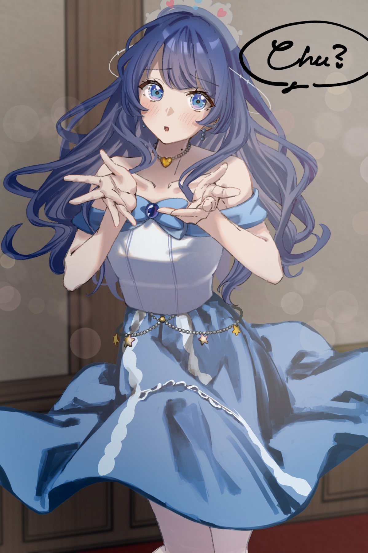 1girl, bare_shoulders, bead_necklace, beads, blowing_kiss, blue_dress, blue_eyes, blue_hair