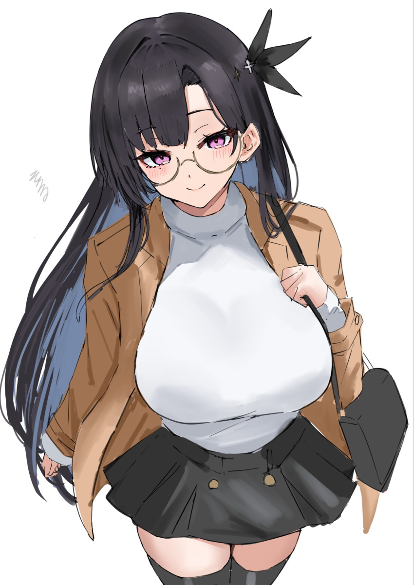 1girl, alternate_costume, azur_lane, bag, black_hair, black_skirt, black_thighhighs, blush, breasts, brown_jacket, casual, commentary_request, dupleix_(azur_lane), glasses, gloves, hair_ornament, highres, jacket, large_breasts, long_hair, long_sleeves, looking_at_viewer, mole, mole_under_eye, semi-rimless_eyewear, shirt, shoulder_bag, skirt, smile, soul_(dp11), thigh-highs, violet_eyes, white_background, white_shirt