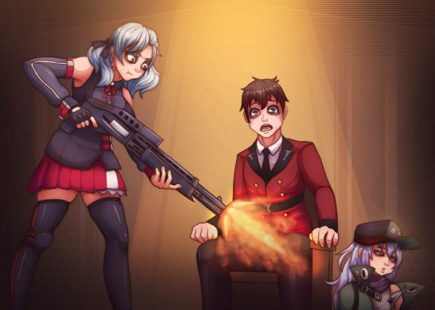1boy, call_of_duty:_black_ops_2, commander_(girls_frontline), firing, g11_(girls_frontline), girls_frontline, long_hair, multiple_girls