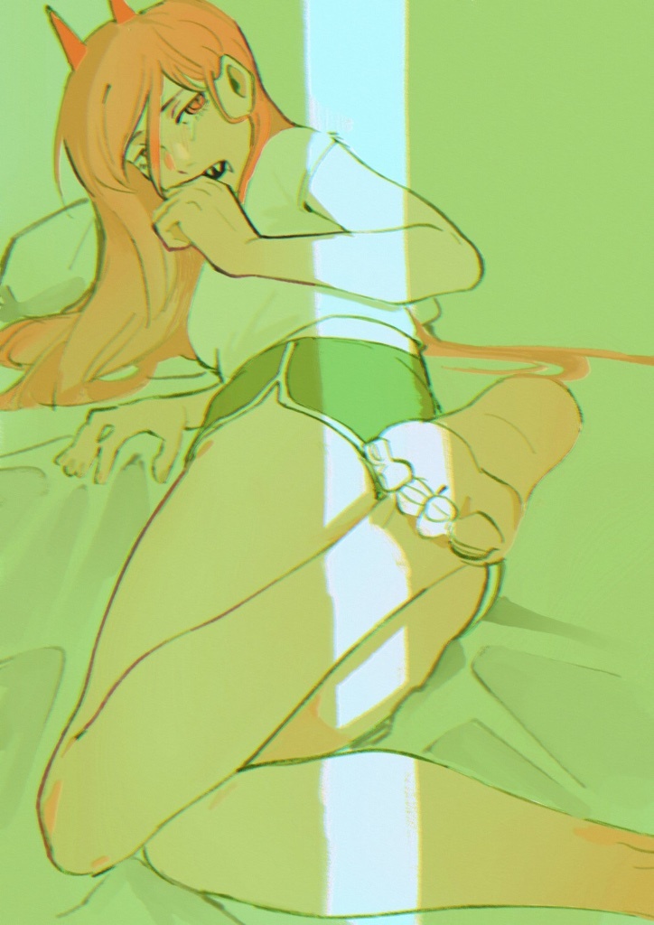 1girl, arm_support, bare_legs, barefoot, chainsaw_man, commentary, crack_of_light, crying