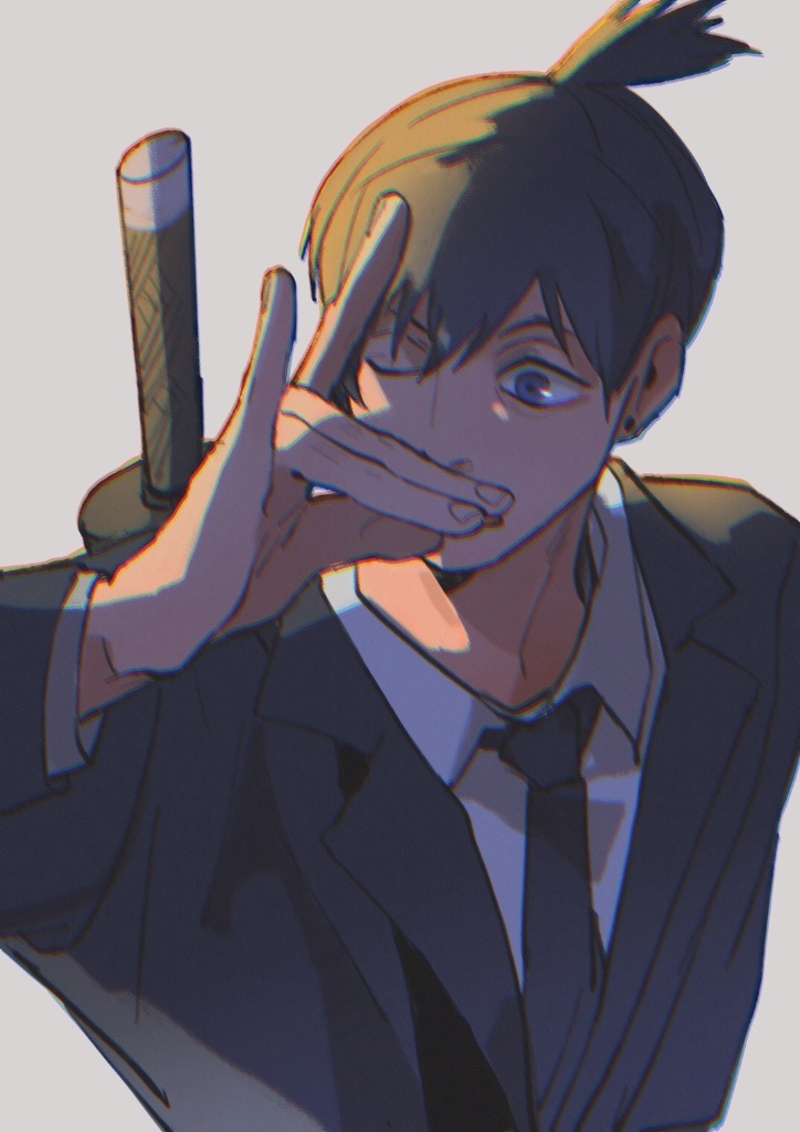 1boy, black_hair, black_necktie, black_suit, blue_eyes, blurry, chainsaw_man, collared_shirt
