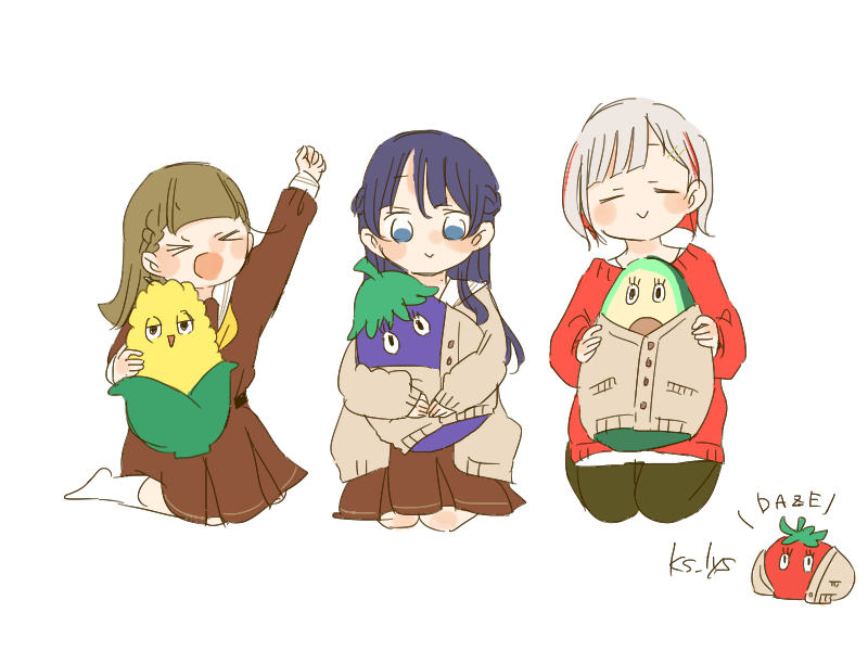 >_<, 3girls, :d, avocado_(love_live!), blue_eyes, blue_hair, bob_cut, braid