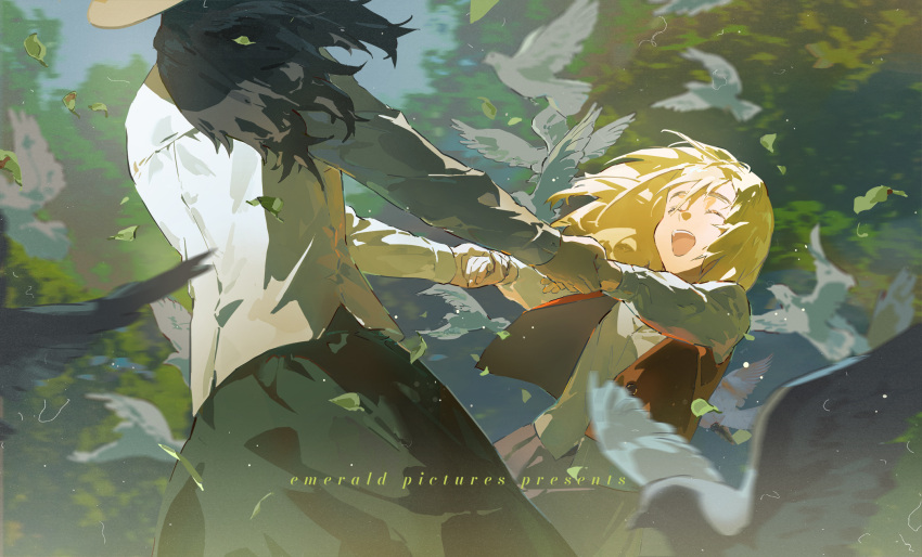 2girls, bird, black_hair, black_skirt, blonde_hair, blurry, blurry_foreground, closed_eyes