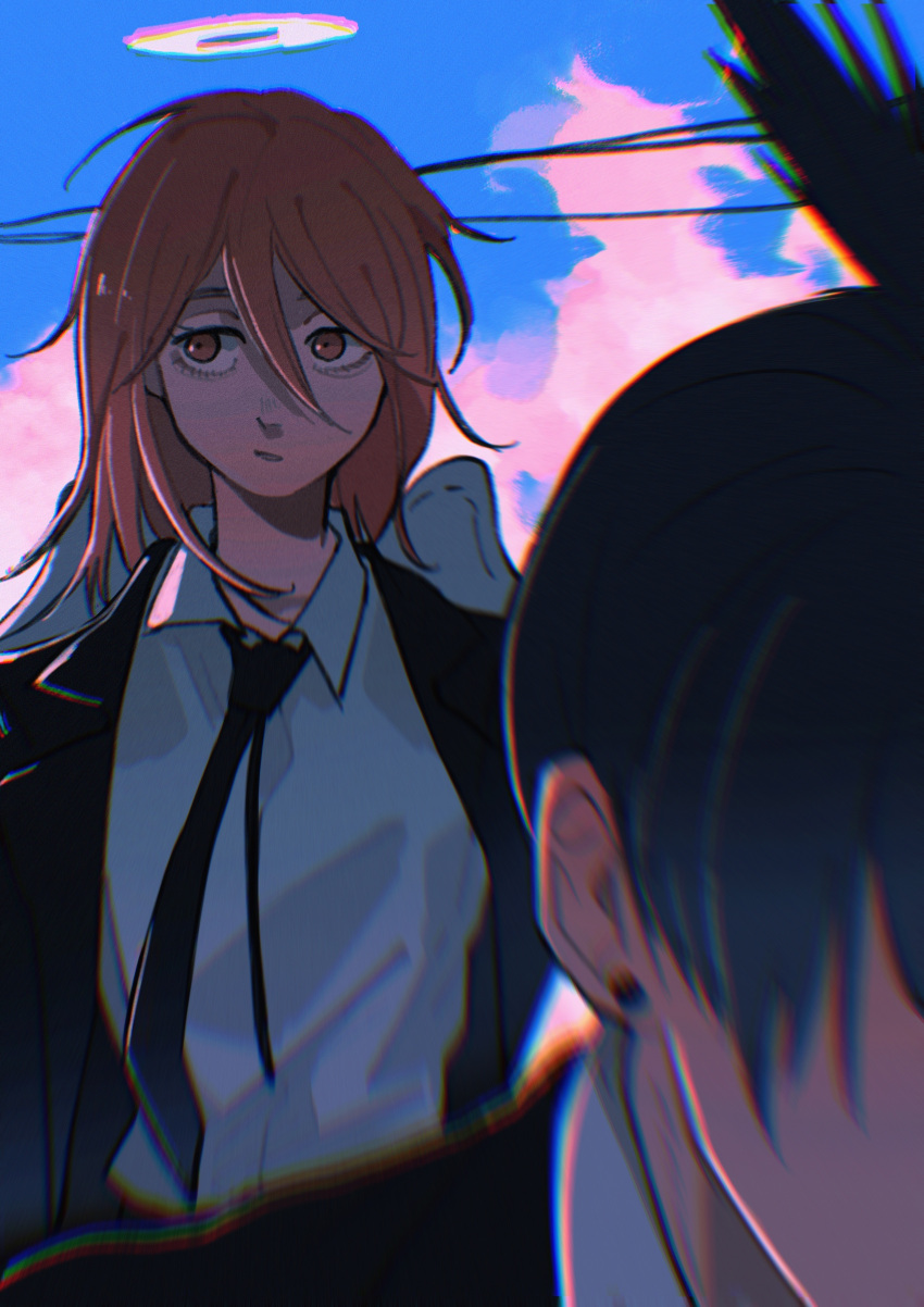 2boys, absurdres, androgynous, angel, angel_devil_(chainsaw_man), angel_wings, black_jacket, black_necktie