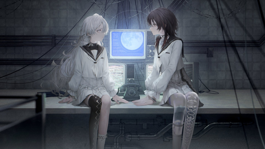 2girls, antique_phone, arahenas, black_hair, commentary_request, geppaku_lui, highres, looking_at_another