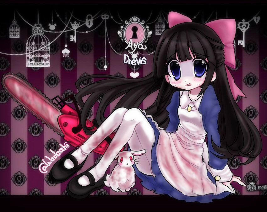 1girl, 2000s_(style), aguchi, animal, apron, aya_drevis, birdcage, black_hair